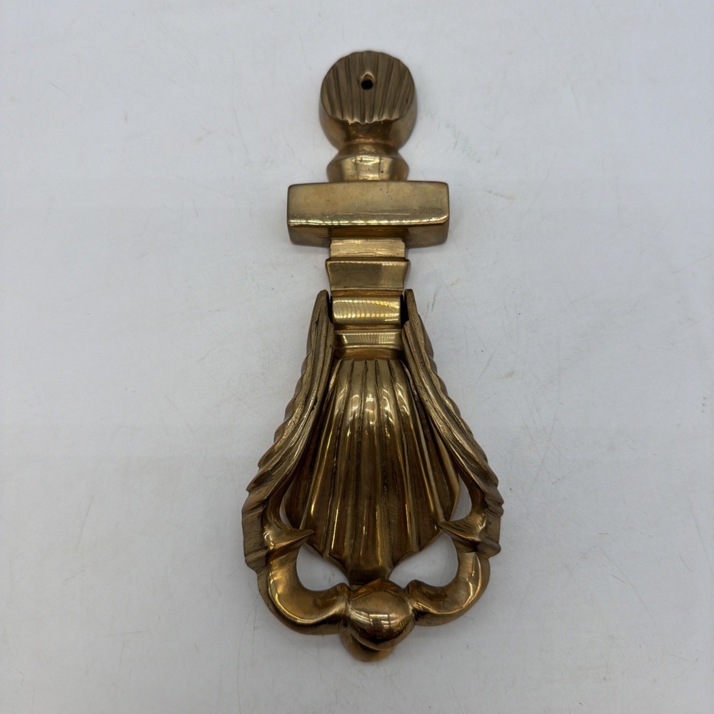 Antique Vintage Brass Door Knocker Salvaged Weathered Scalloped Shell Ring Pull